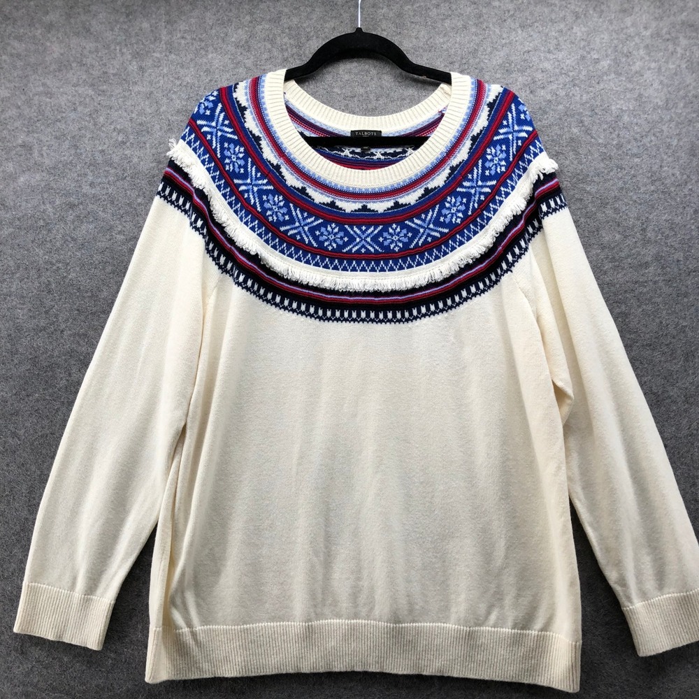 Talbots Woman Lambswool Fair Isle Yoke Crewneck Sweater Ivory Red Blue 2X